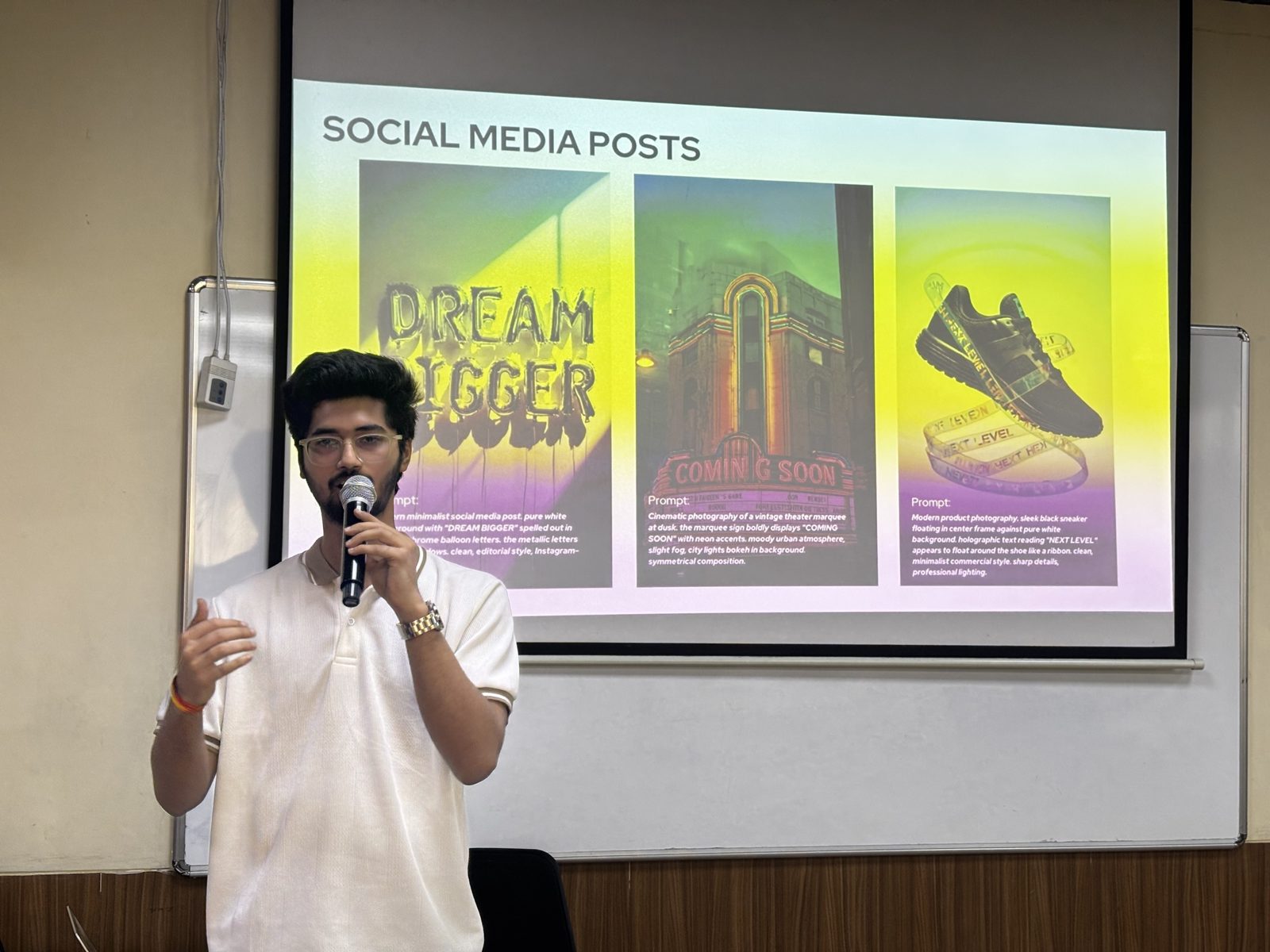 a speaker with a mic presenting a slide of ai-generated social media posts and their prompts